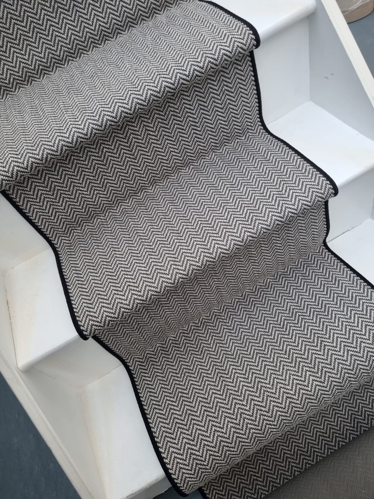 New! Black White Herringbone Faux Sisal Carpet Stair Runner