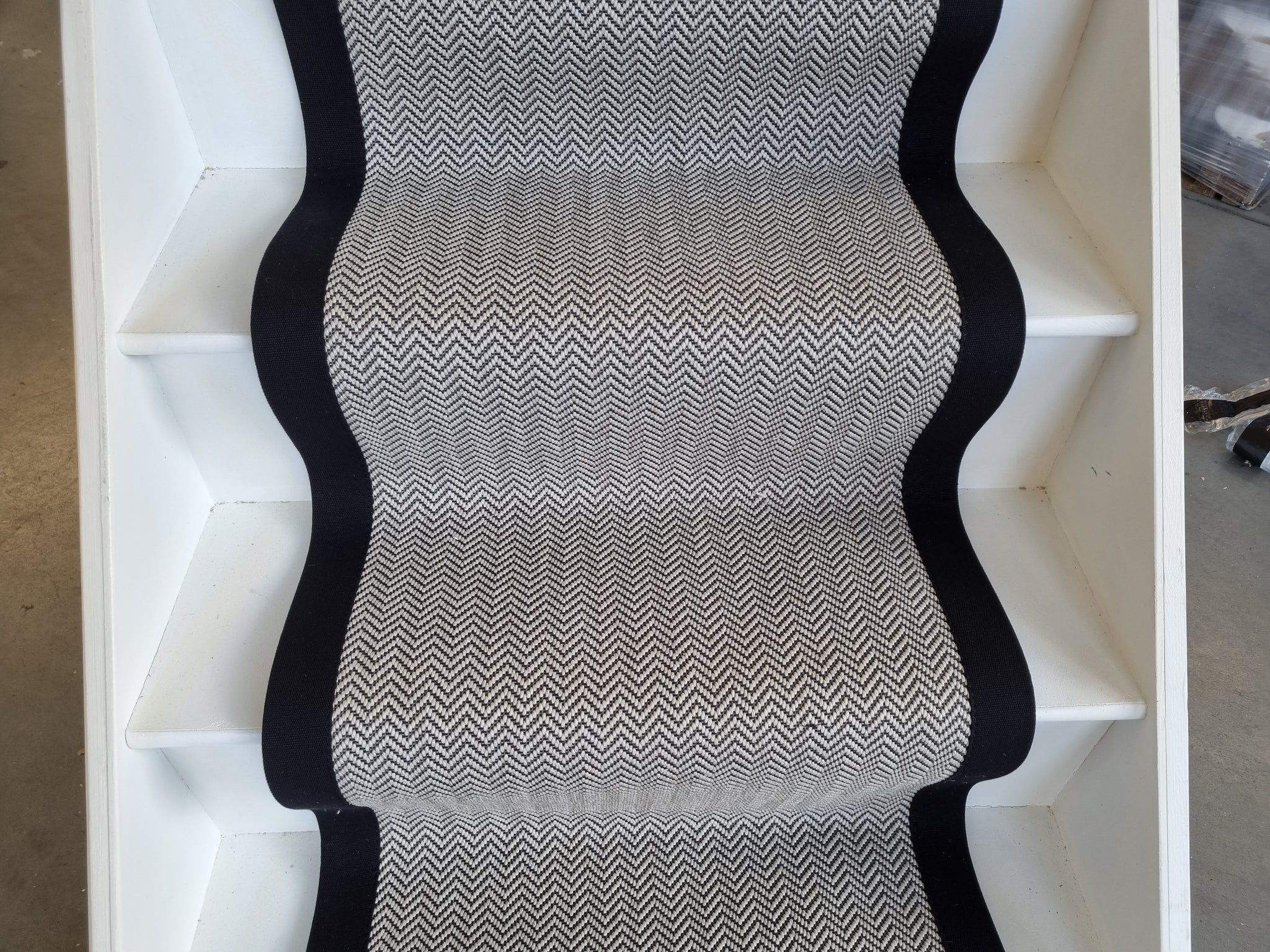 Black and White Herringbone Faux Sisal Carpet Stair Runner Black Cotton border