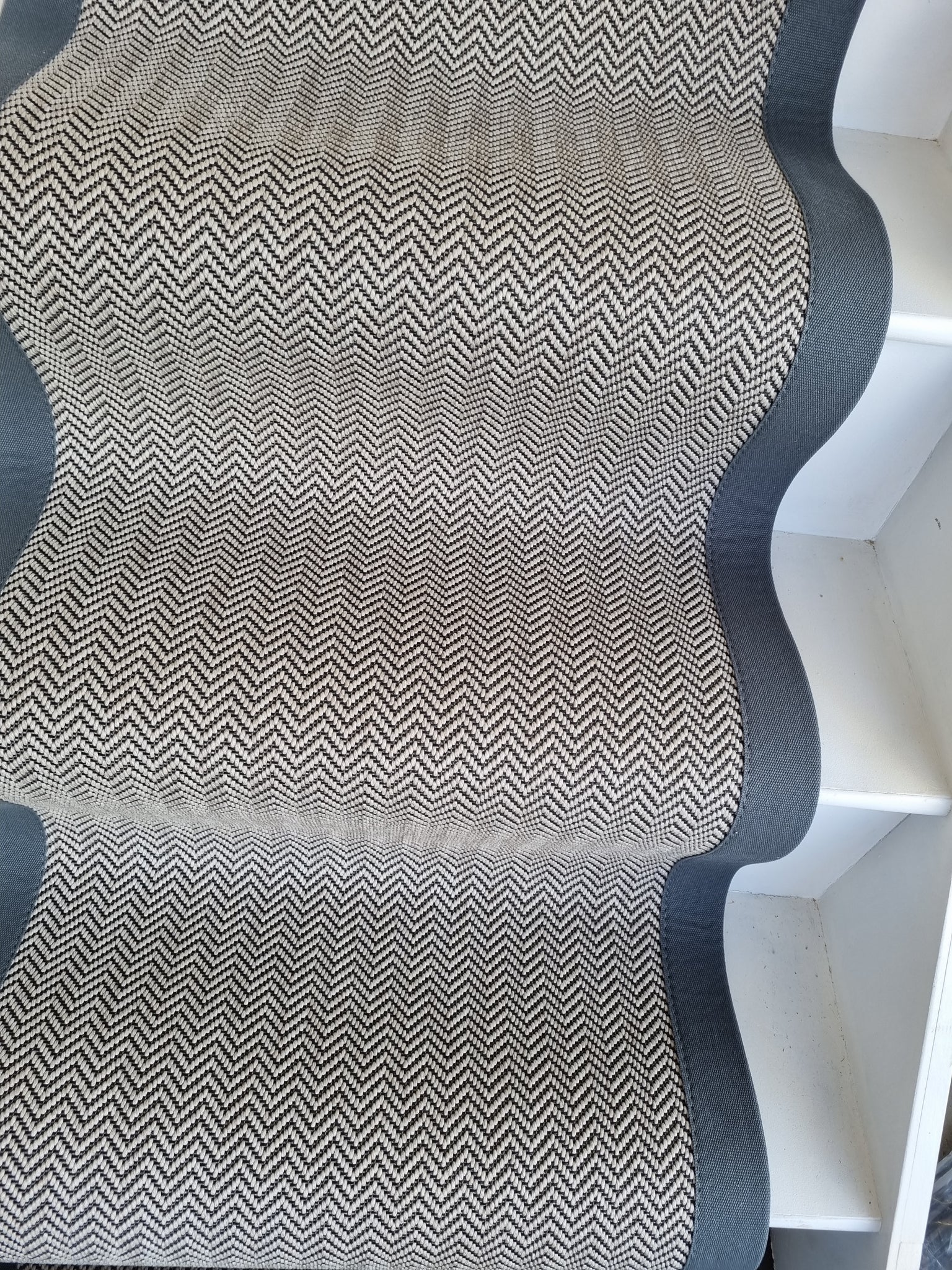 Black & White Herringbone Faux Sisal Carpet Stair Runner with Gun Metal Grey Cotton border