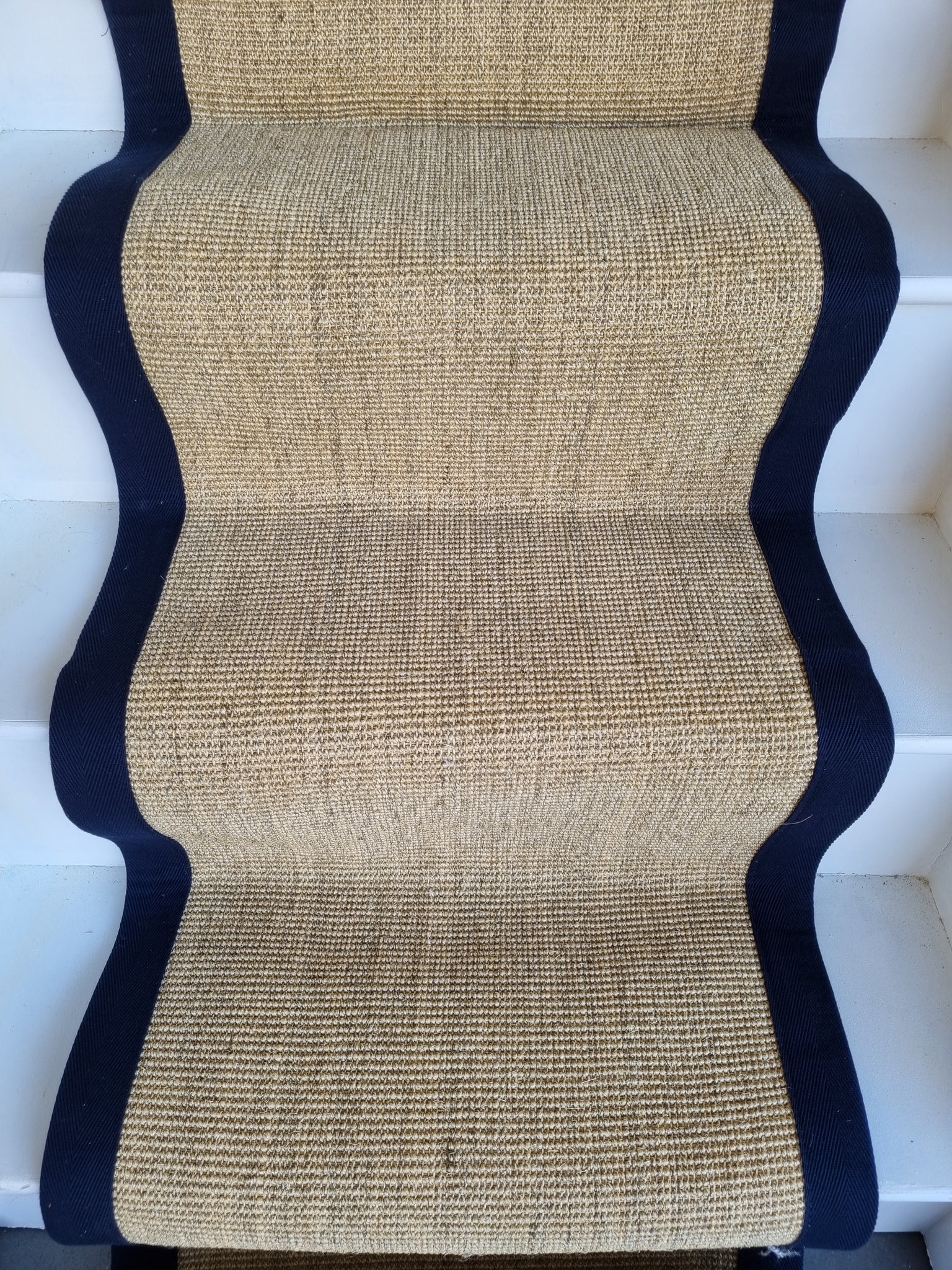 Sisal boucle byfield carpet stair runner with navy blue cotton border