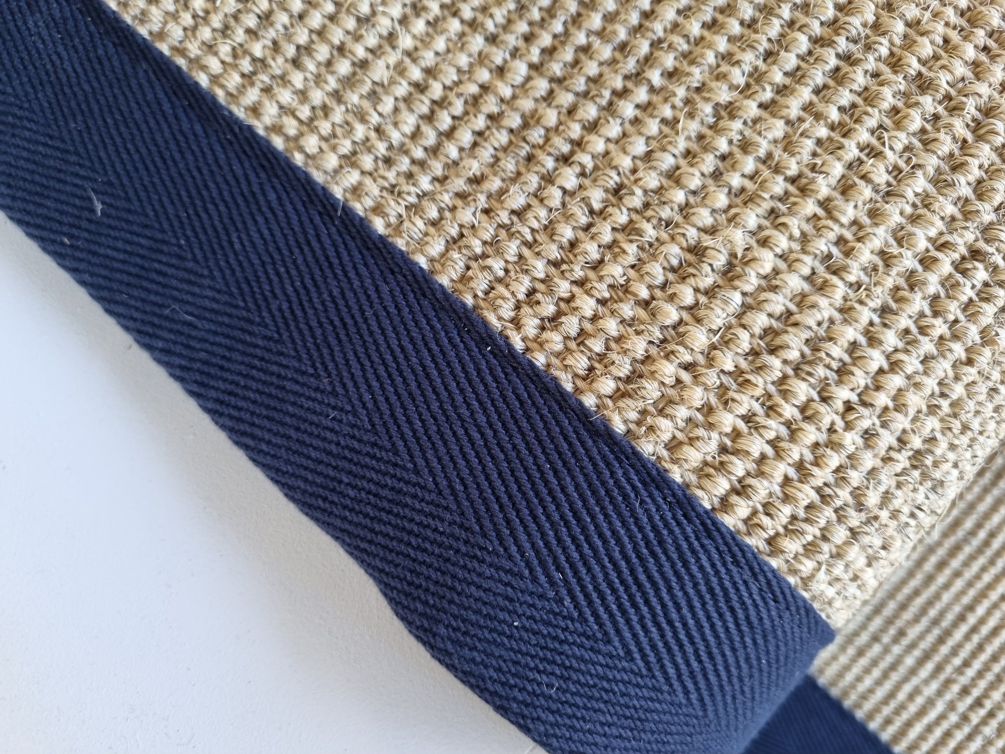 Sisal boucle byfield carpet stair runner with navy blue cotton border