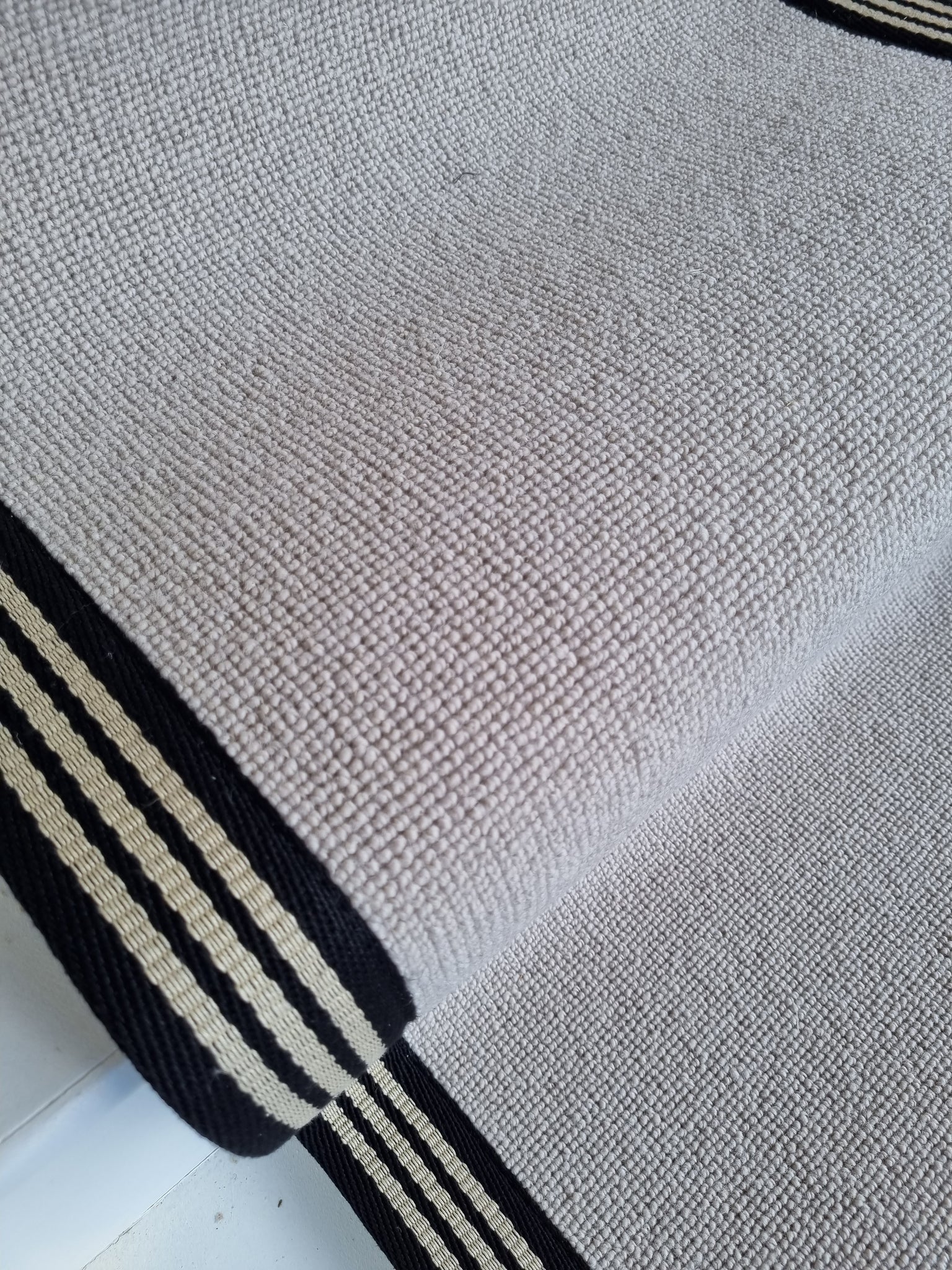 Cormar Pimlico Cement wool mix loop stair runner with striped black and white cotton border