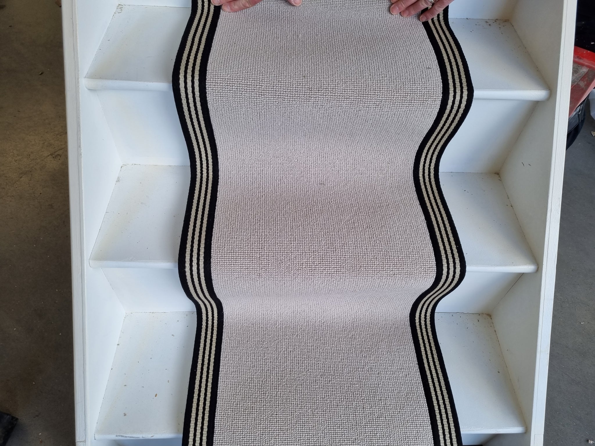 Cormar Pimlico Cement wool mix loop stair runner with striped black and white cotton border