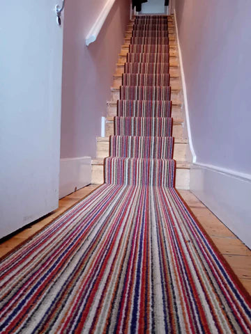 Striped wool stair runner, red, orange, purple, cream, blue, green - hand-made to order