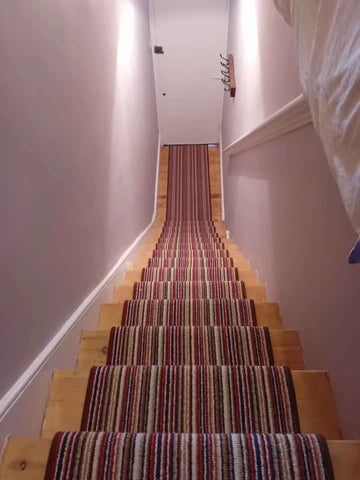 Striped wool stair runner, red, orange, purple, cream, blue, green - hand-made to order