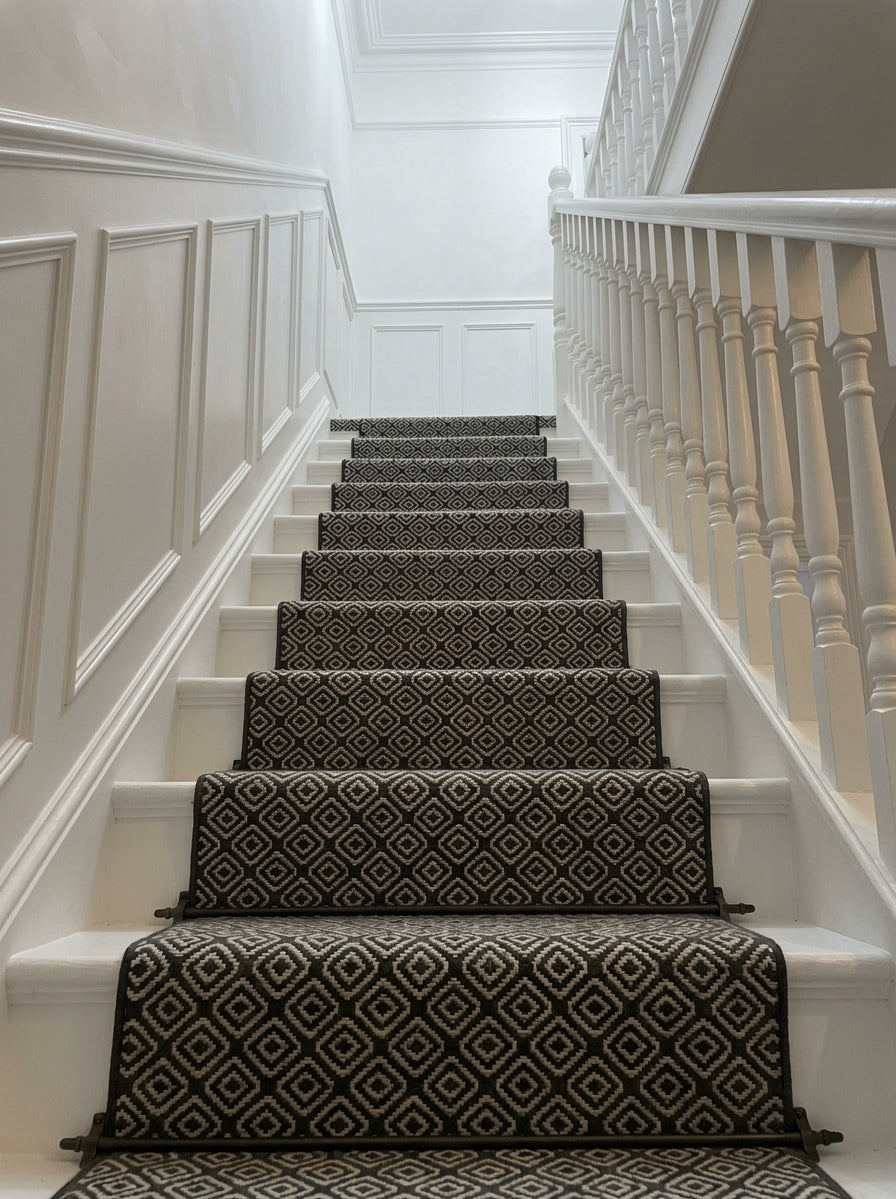 The Heathrow Runway — black and white geometric patterned stair runner