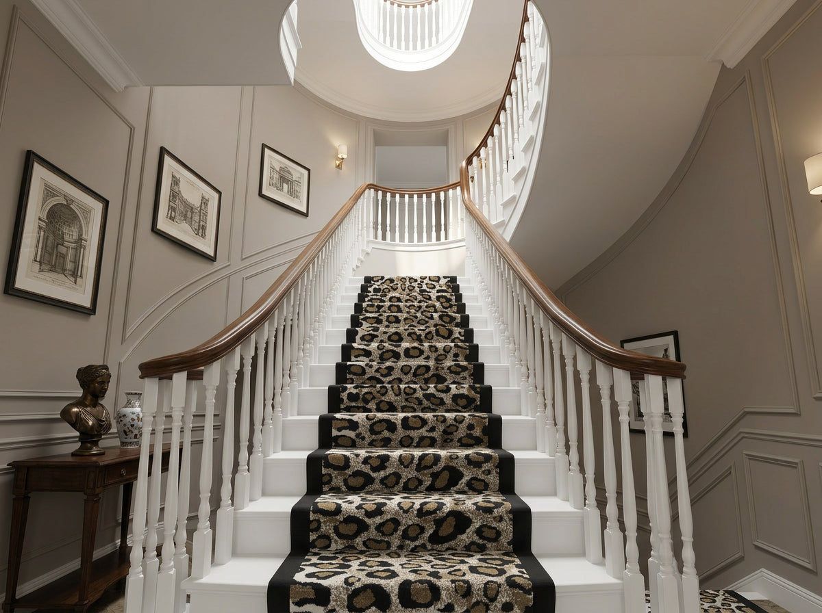 The Giant Leopard Gold Fat — large-spot leopard print stair runner with black border