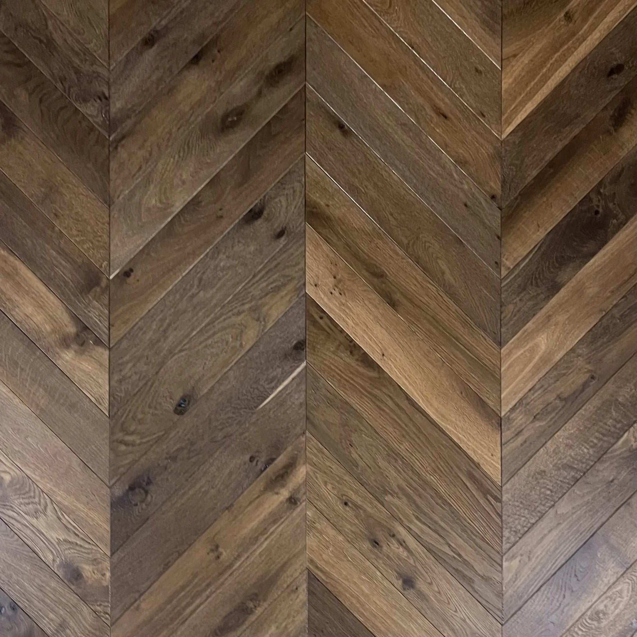 Fenston Carter New Double Smoked Chevron Flooring Authentically Aged Antique Brushed & Oiled Luxury Oak Panels
