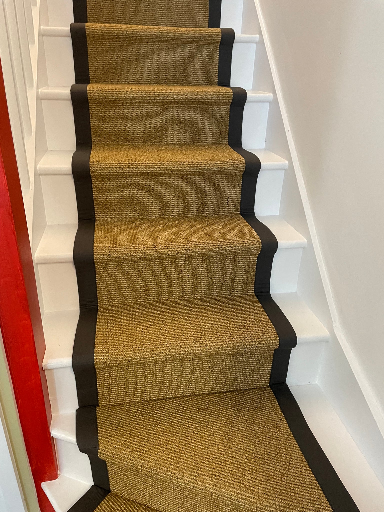 Alternative Flooring Anywhere Ca-rPET Bouclé Re-vive carpet stair runner with grey border