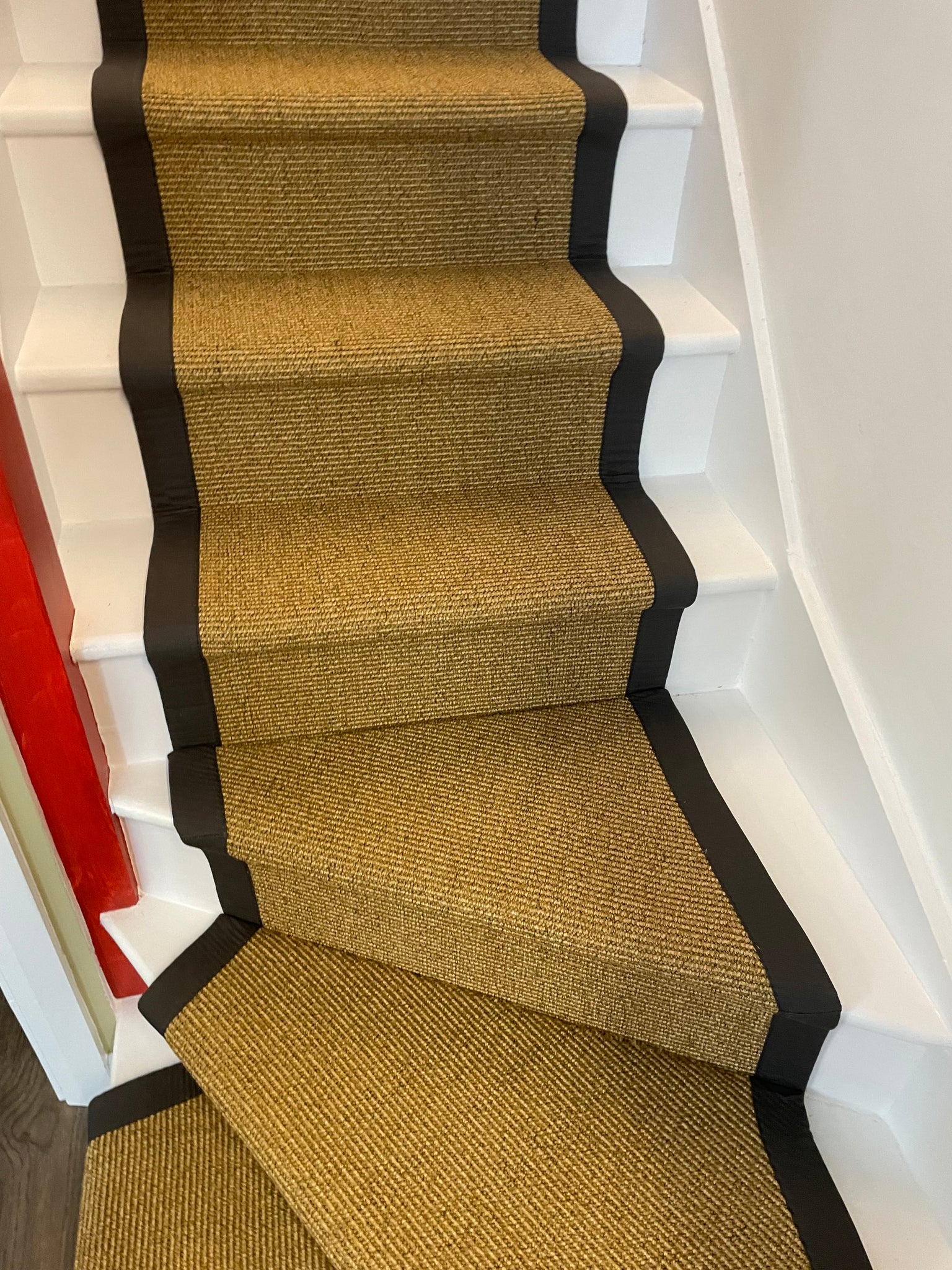 Alternative Flooring Anywhere Ca-rPET Bouclé Re-vive carpet stair runner with grey border