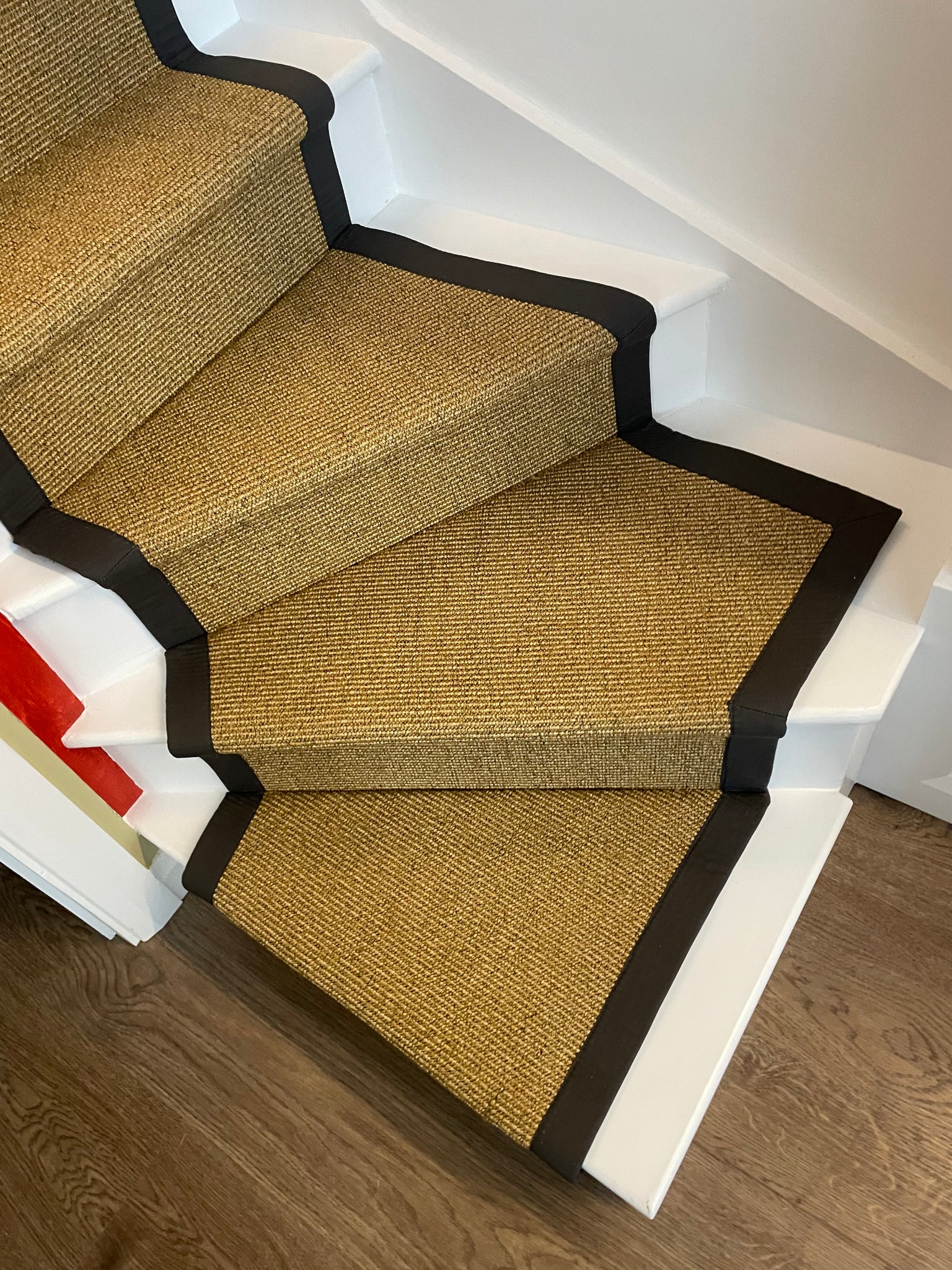 Alternative Flooring Anywhere Ca-rPET Bouclé Re-vive carpet stair runner with grey border