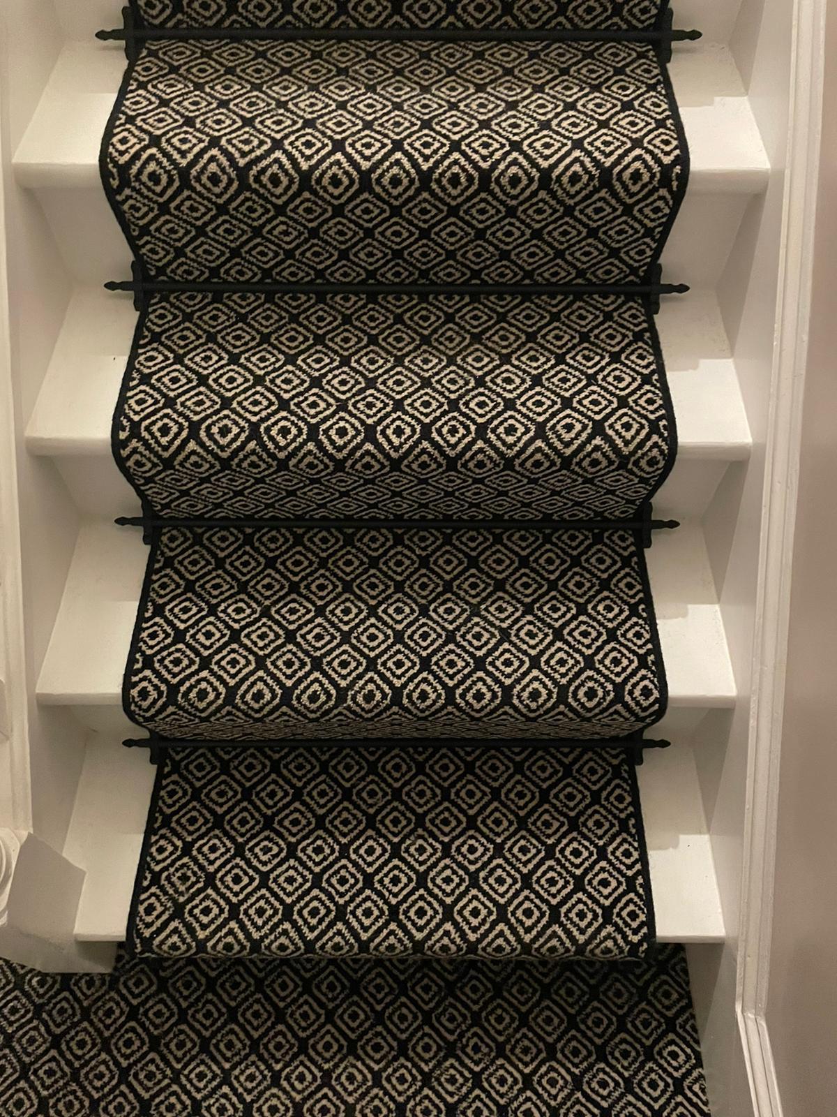 Black and white geometric pattern carpet stair runner wool blend