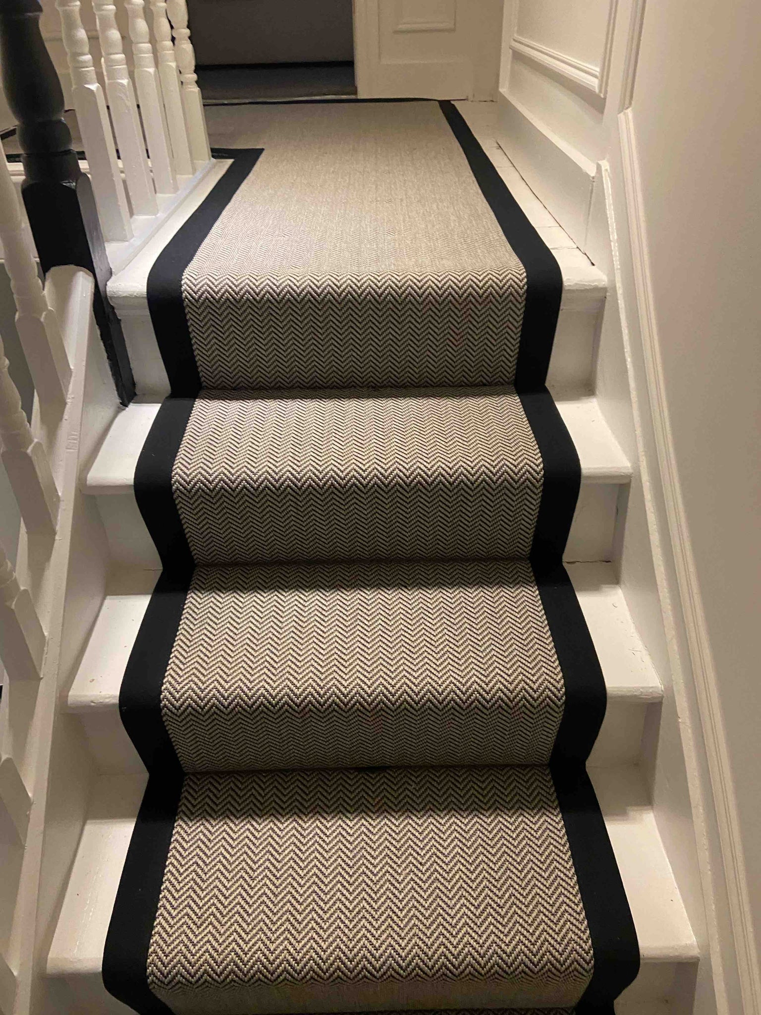 Black and White Herringbone Faux Sisal Carpet Stair Runner Black Cotton border