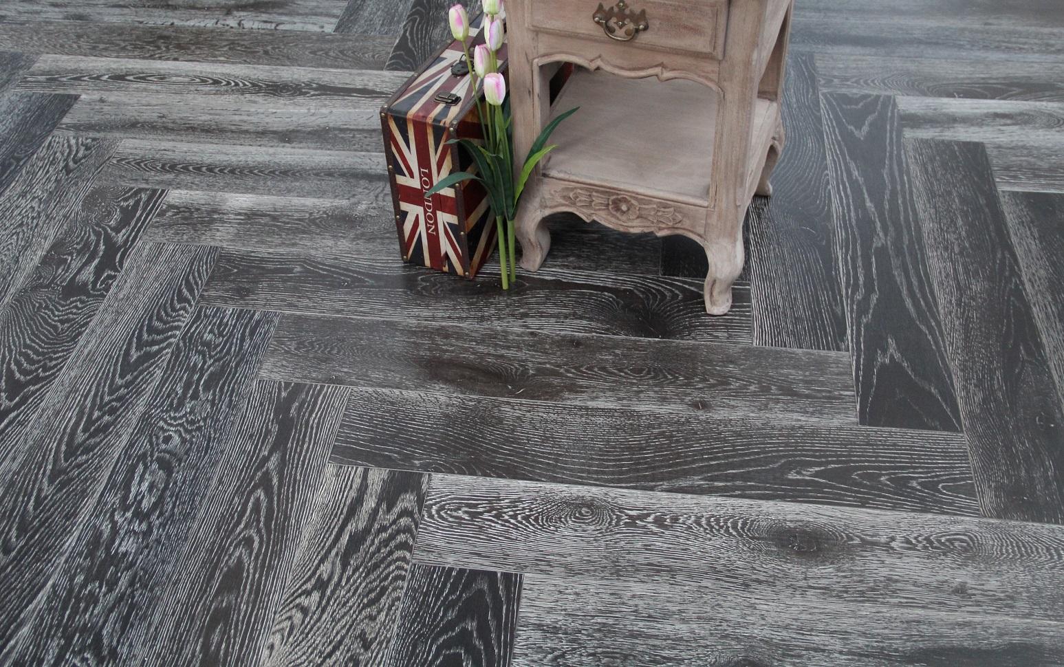 Maxzara H303 Brushed, Black Stained, White Oiled Herringbone Multiply T&G Oak Flooring