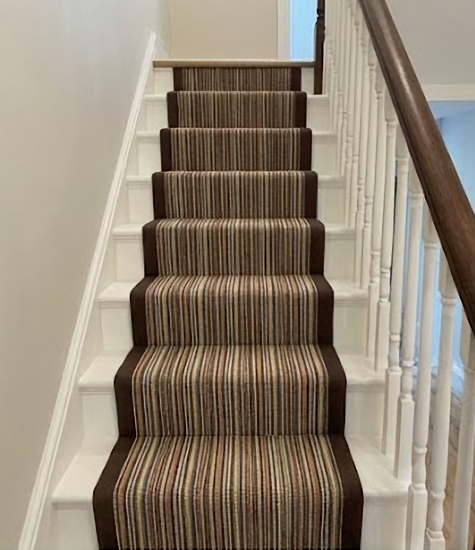 The Augustus — multi-coloured striped wool stair runner with chocolate brown border