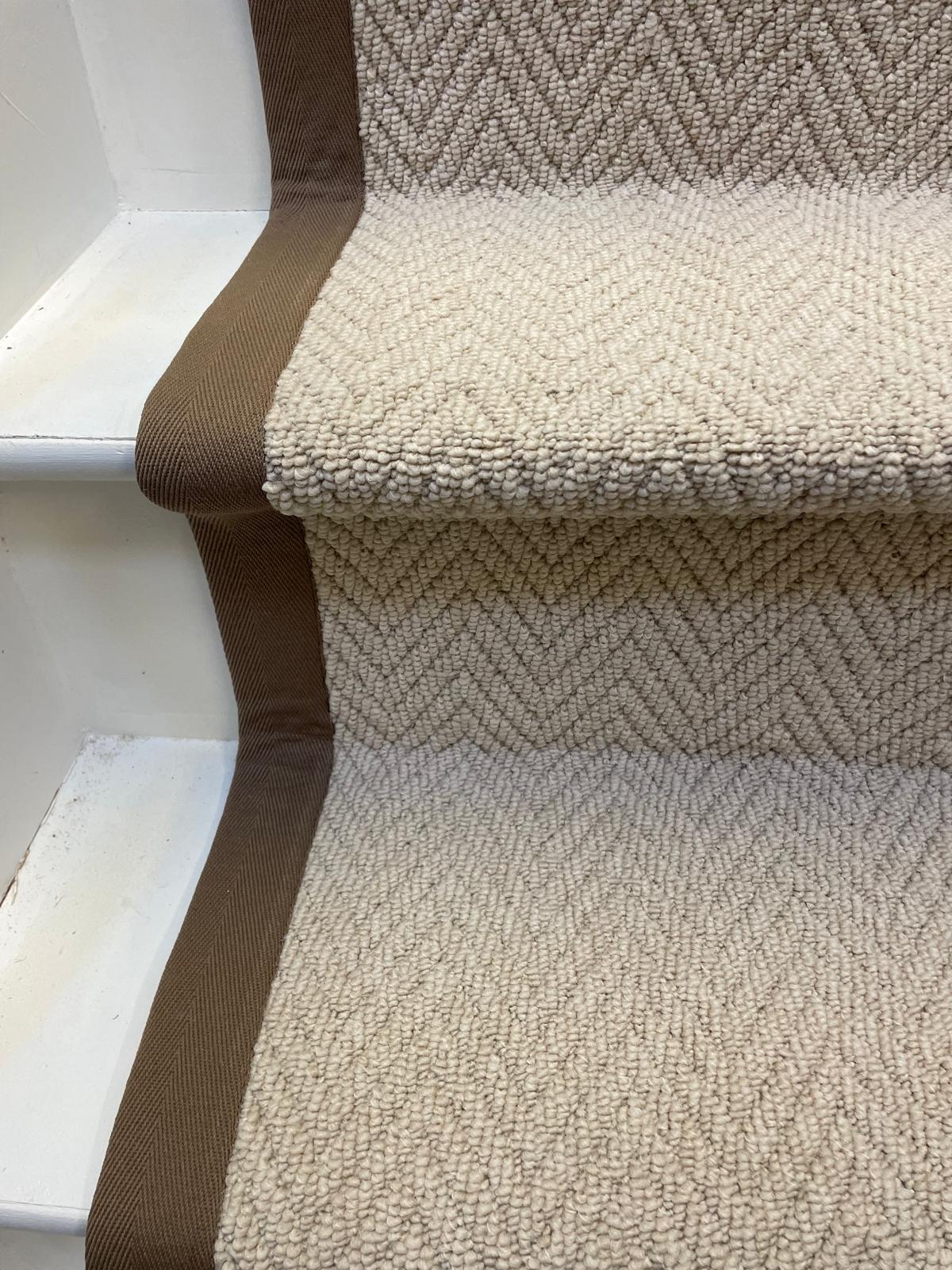 Herringbone stair runner, champagne cream beige with brown cotton border tape