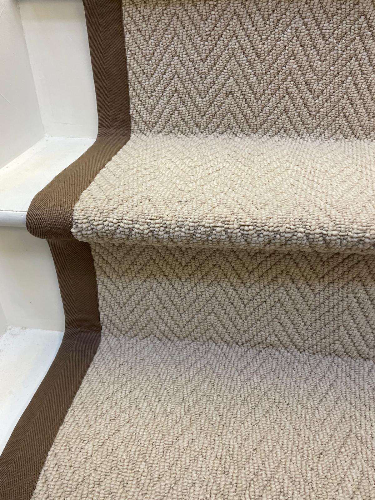 Herringbone stair runner, champagne cream beige with brown cotton border tape