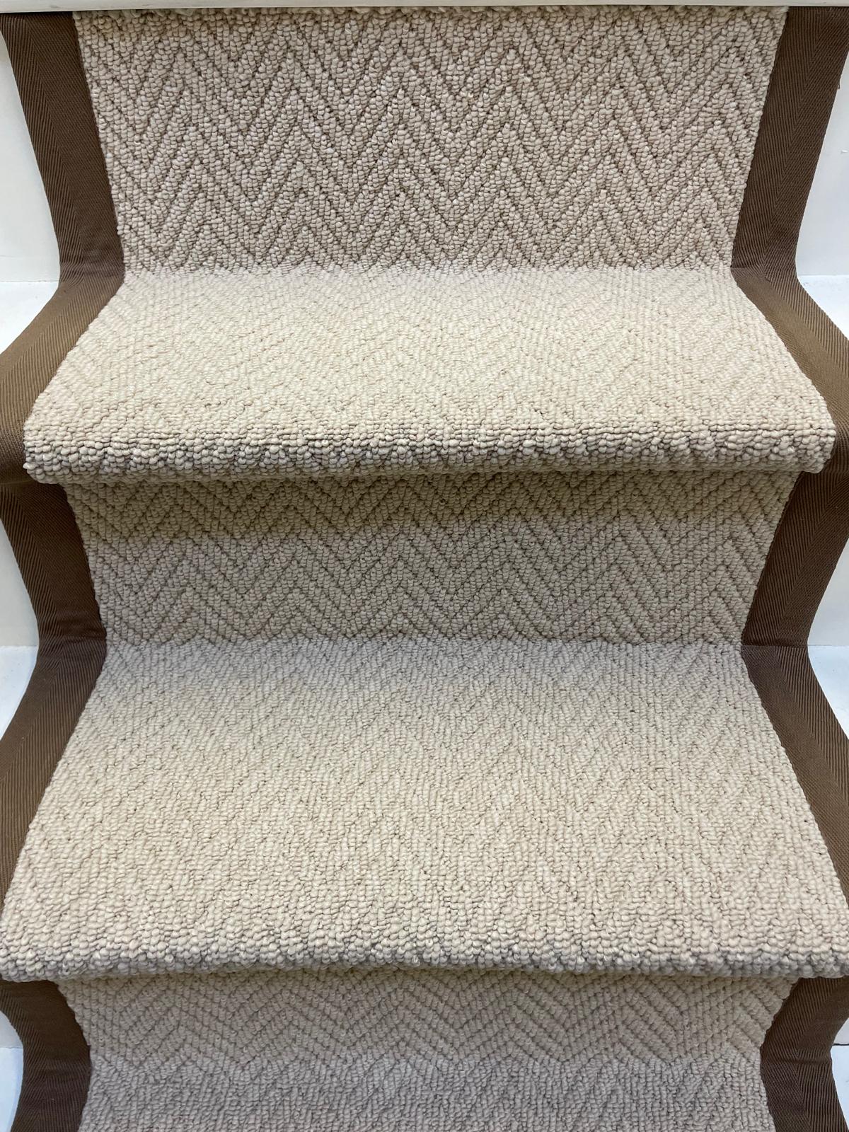 Herringbone stair runner, champagne cream beige with brown cotton border tape