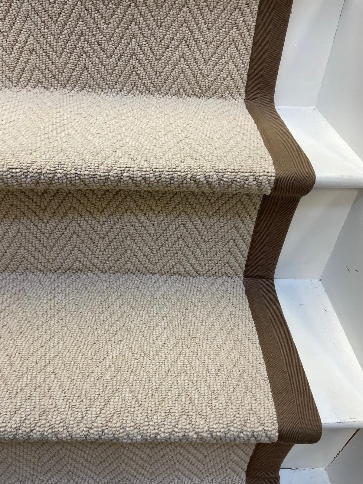 Herringbone stair runner, champagne cream beige with brown cotton border tape