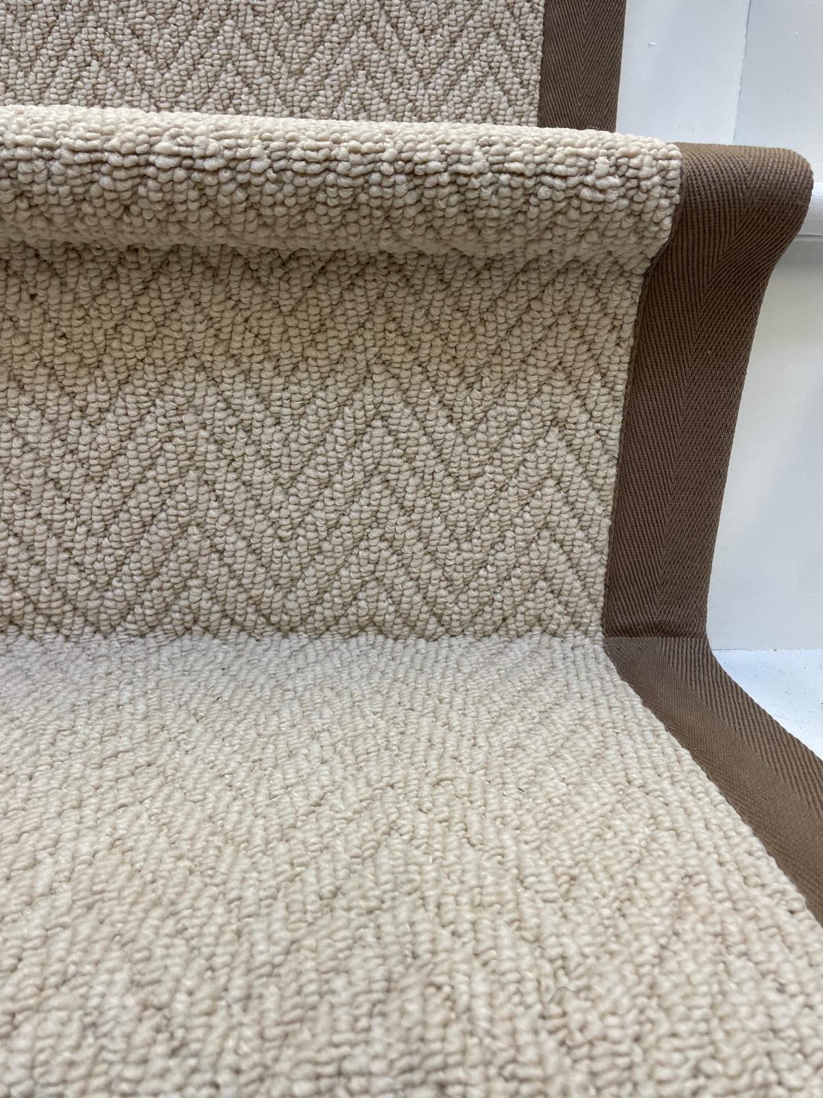 Herringbone stair runner, champagne cream beige with brown cotton border tape