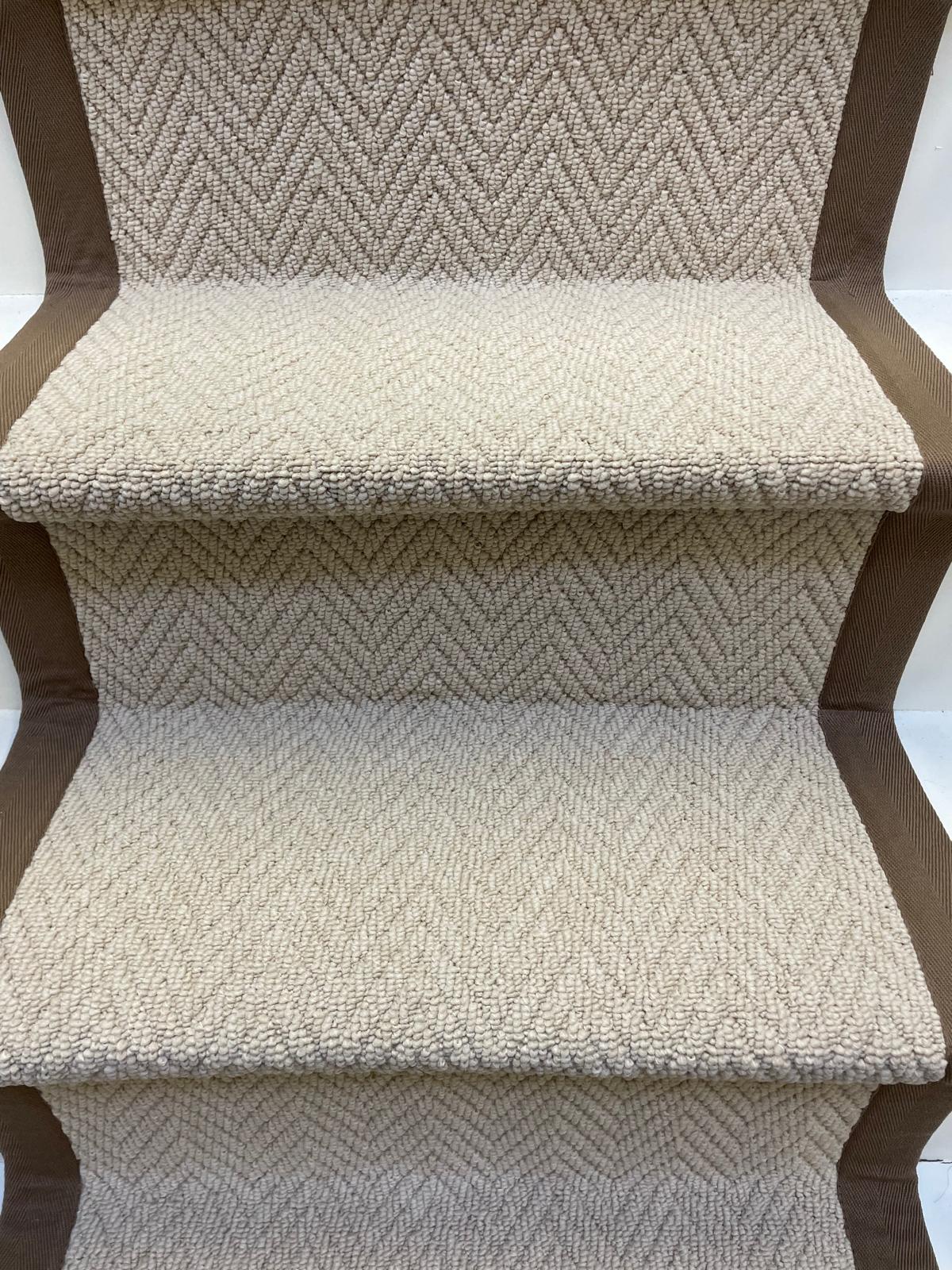 Herringbone stair runner, champagne cream beige with brown cotton border tape