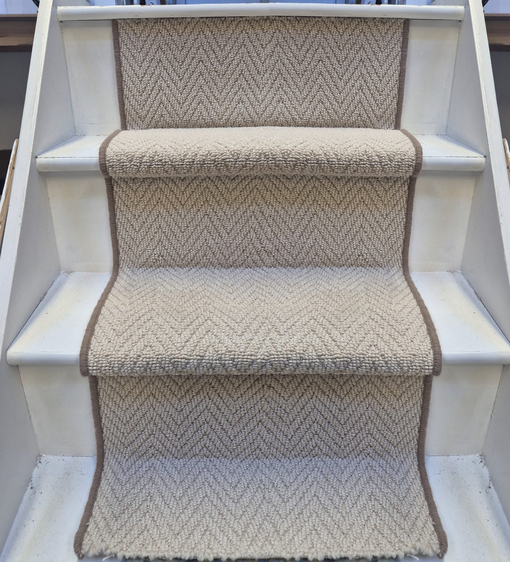 Herringbone stair runner, champagne cream beige with brown whipped edge