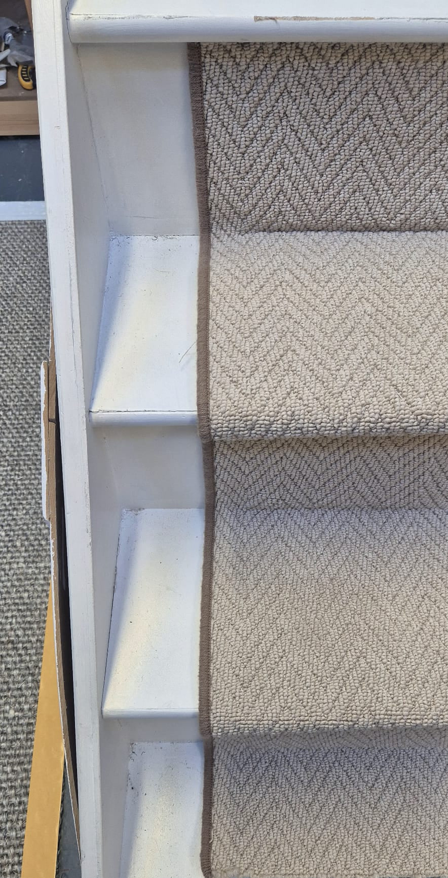 Herringbone stair runner, champagne cream beige with brown whipped edge