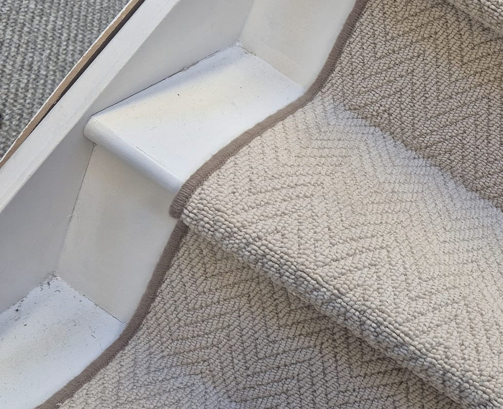 Herringbone stair runner, champagne cream beige with brown whipped edge