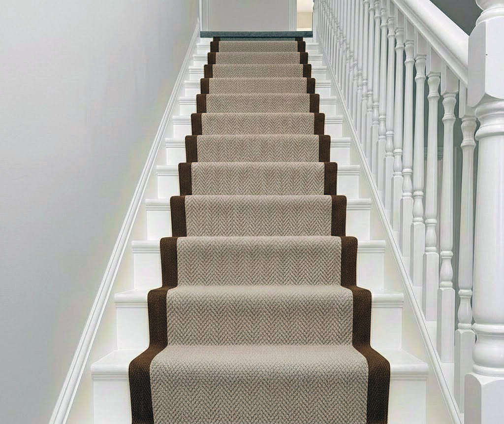 The Hampstead Heath — champagne herringbone stair runner with brown cotton border, Kensington style