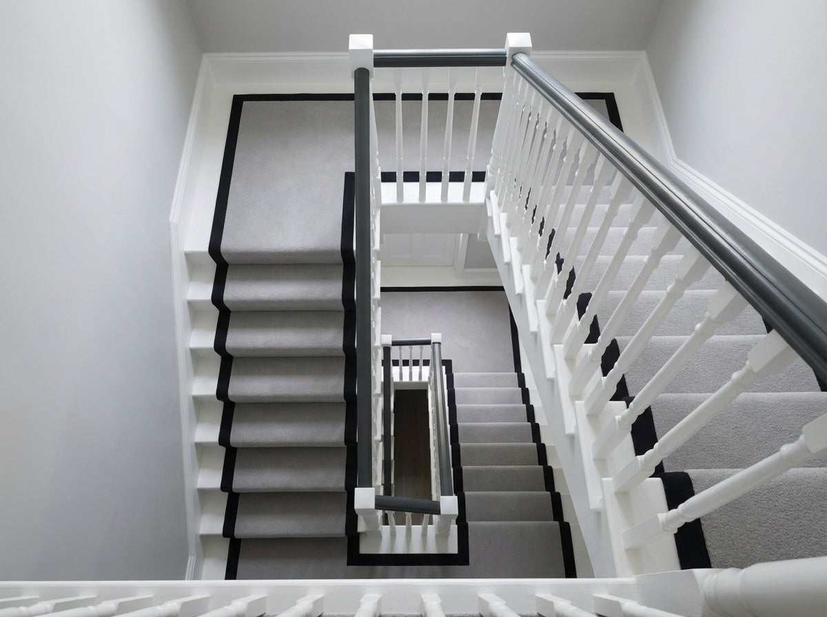 The Hackney Wick — mid grey stair runner with a black border, fitted