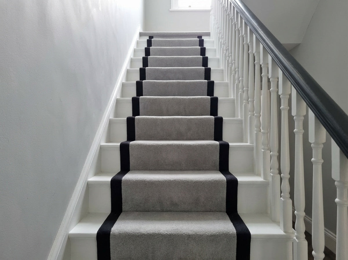 The Hackney Wick — mid grey cut pile stair runner with a black cotton border