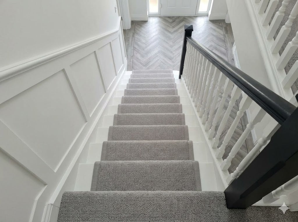 The Amelia. A light grey wool mix boucle loop stair runner with whipped ...