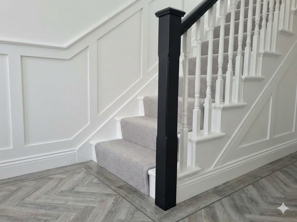 The Amelia. A light grey wool mix boucle loop stair runner with whipped ...