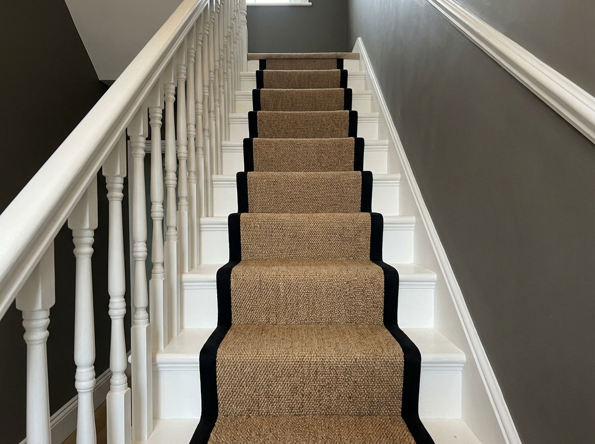 The Malmsbury Black — natural sisal bouclé stair runner with a black cotton border