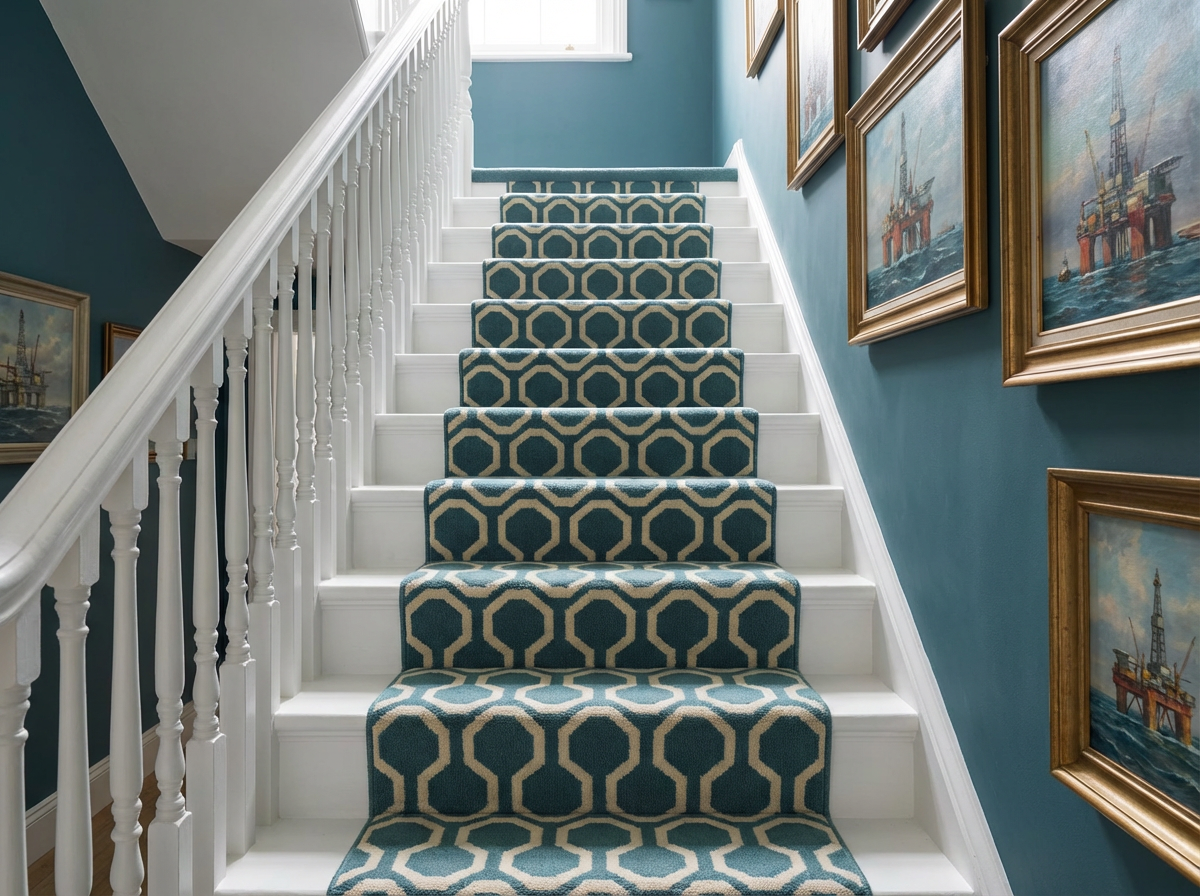 The Thurston Garden. Wool Axminster petrol blue geometric pattern stair ...