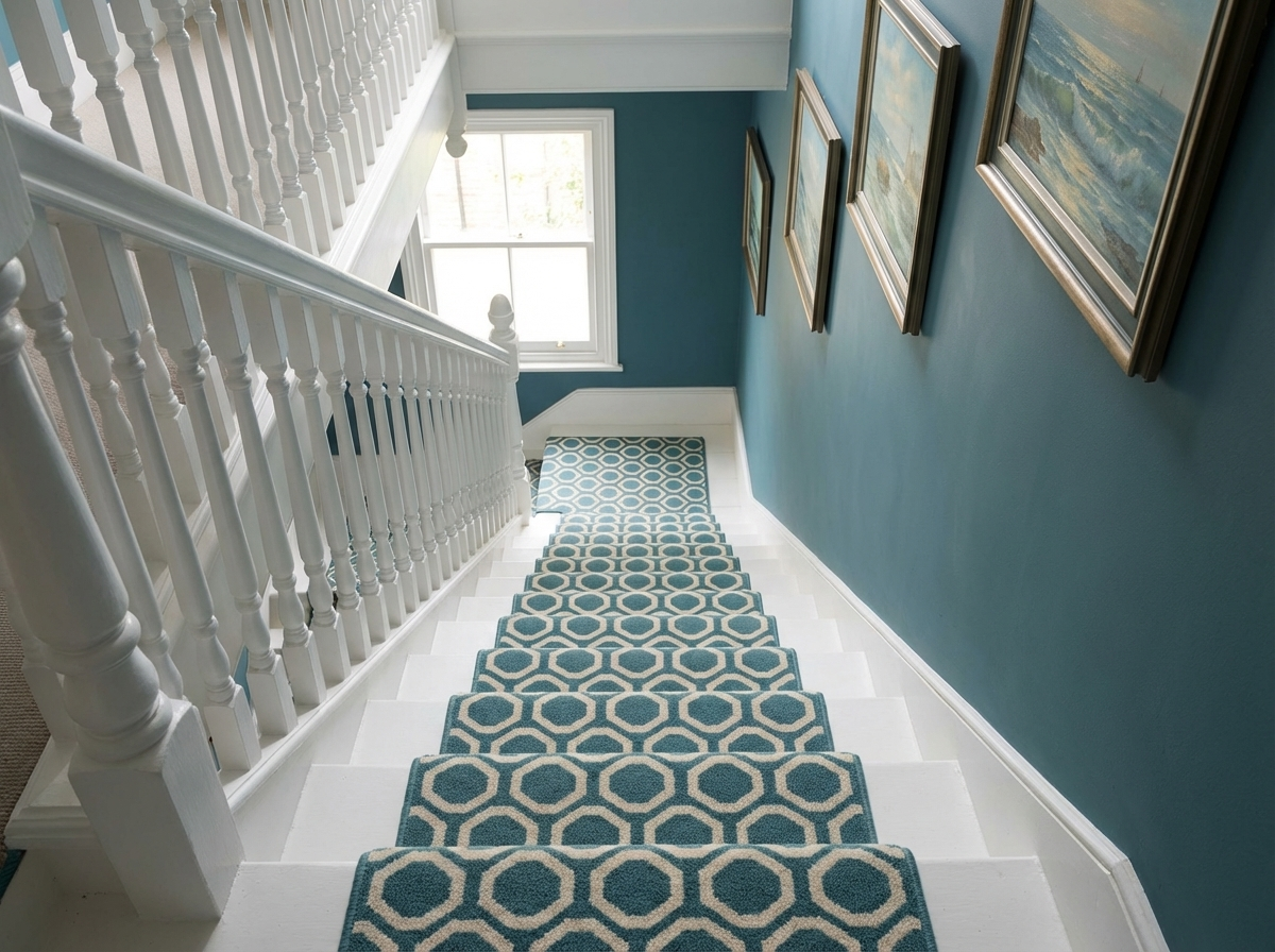 The Thurston Garden. Wool Axminster petrol blue geometric pattern stair ...