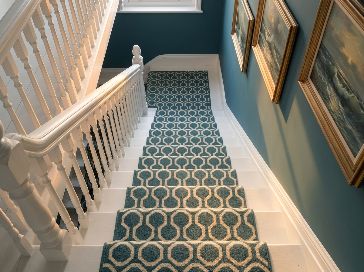 The Thurston Garden. Wool Axminster petrol blue geometric pattern stair ...
