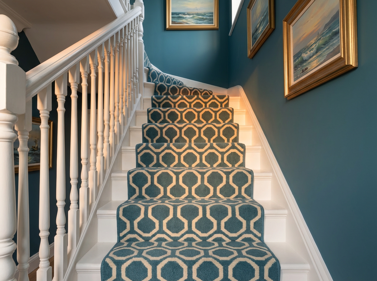 The Thurston Garden. Wool Axminster petrol blue geometric pattern stair ...