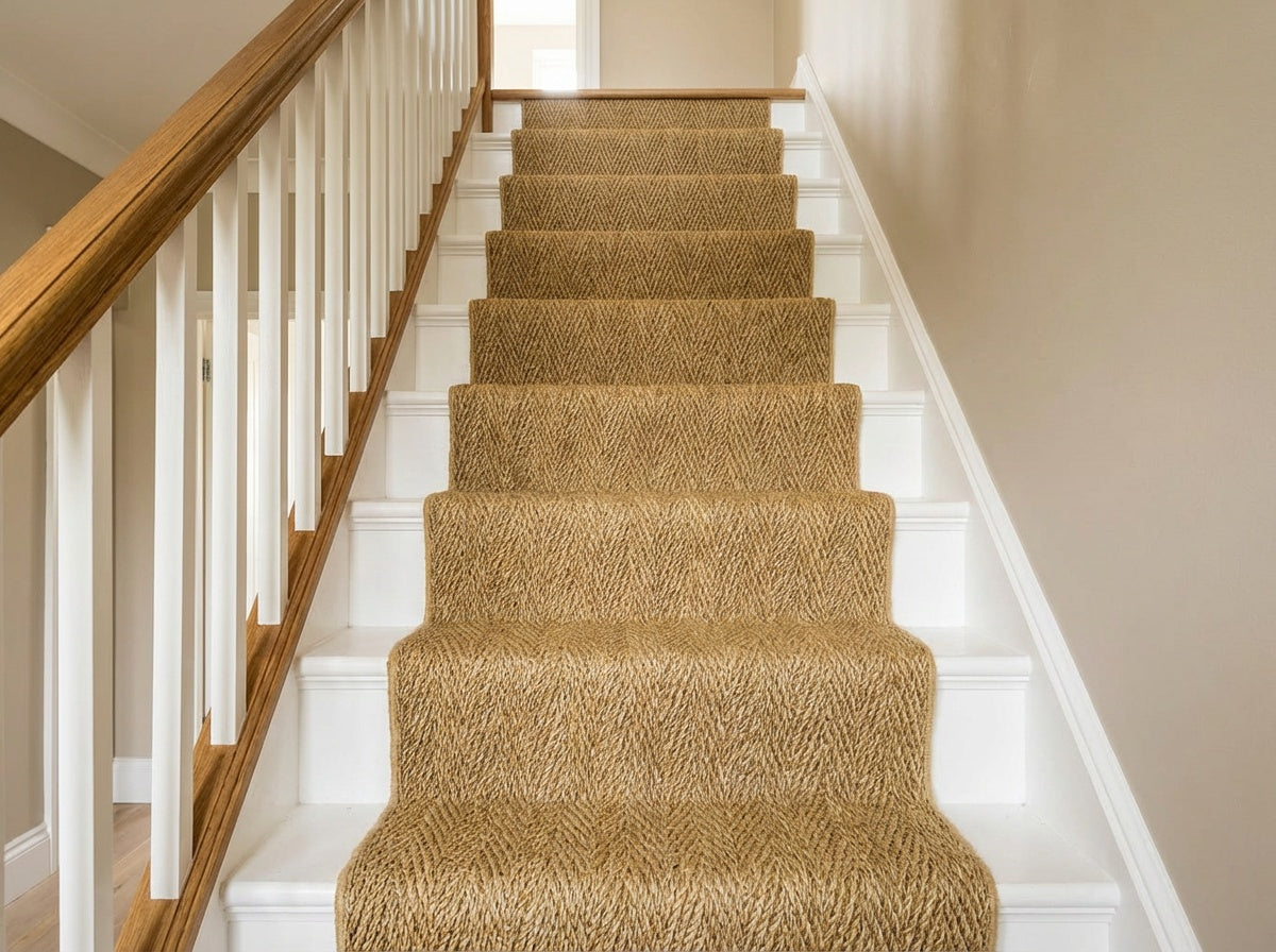 The Stroud — seagrass herringbone stair runner with a natural whipped edge