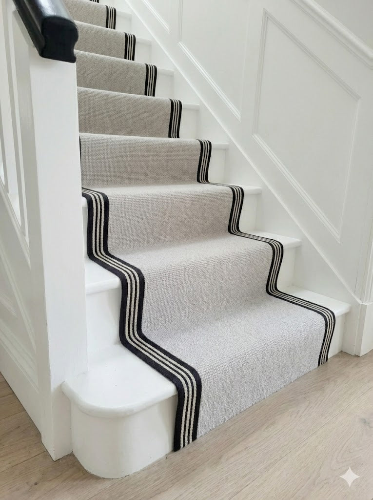 Double Loop Runner The Amelia Stripe. A grey boucle loop runner with a black and white ...