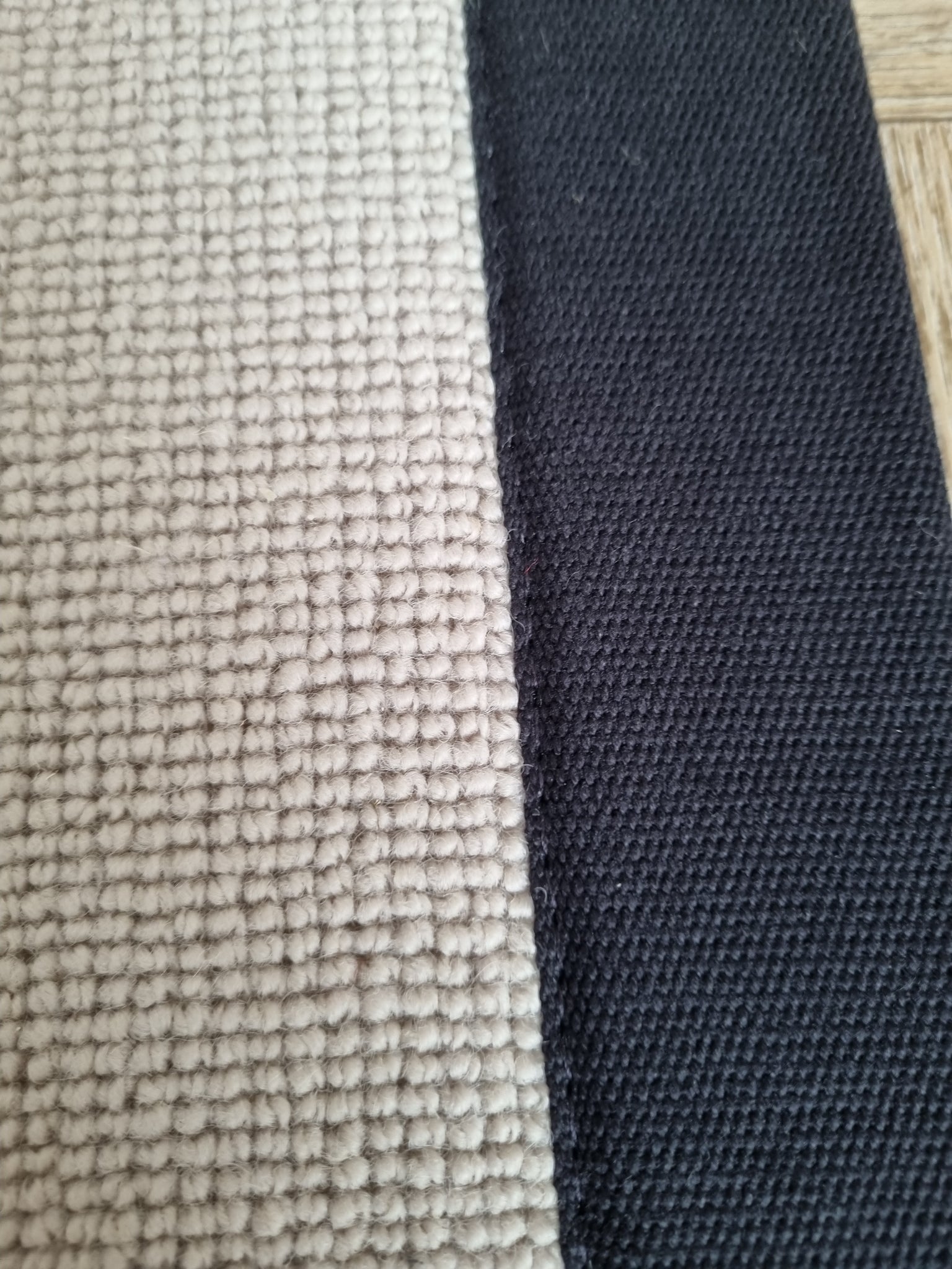 Cormar Pimlico Cement grey beige wool loop stair runner with black cotton border