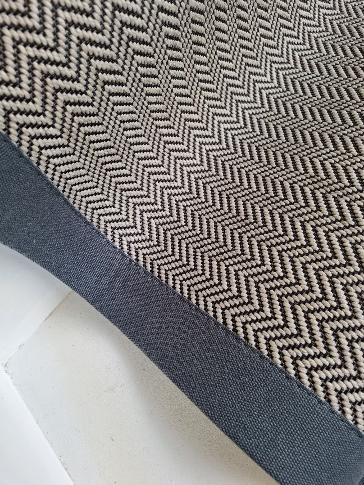 Black & White Herringbone Faux Sisal Carpet Stair Runner with Gun Metal Grey Cotton border