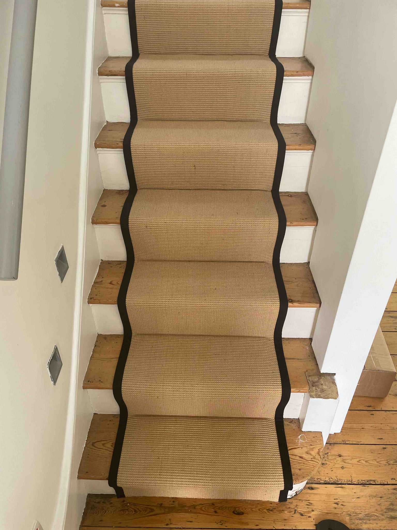 Sisal boucle carpet stair runner golden with black cotton border